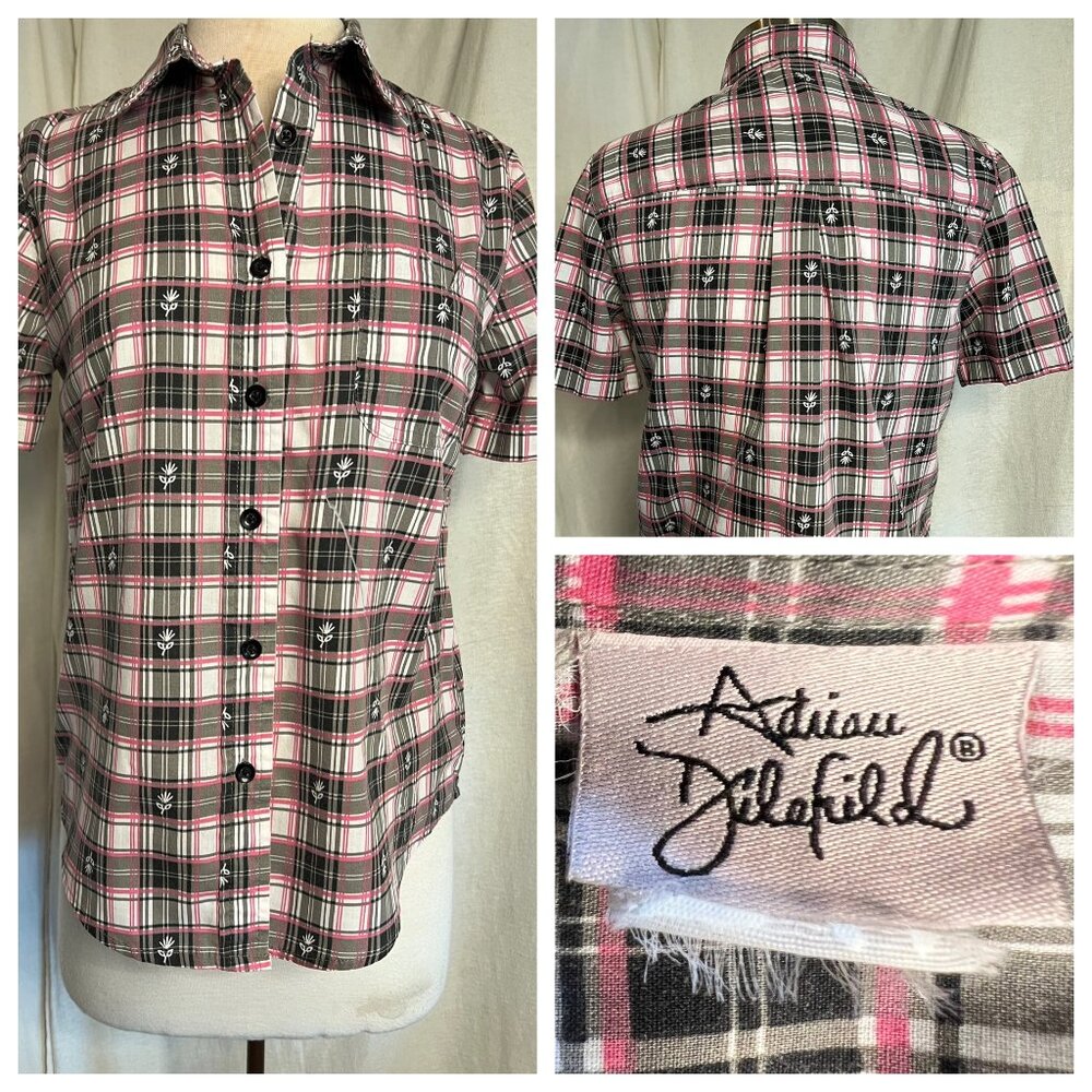 Adriana Delafield blouse medium short sleeve pink black pocket collar  FLAW